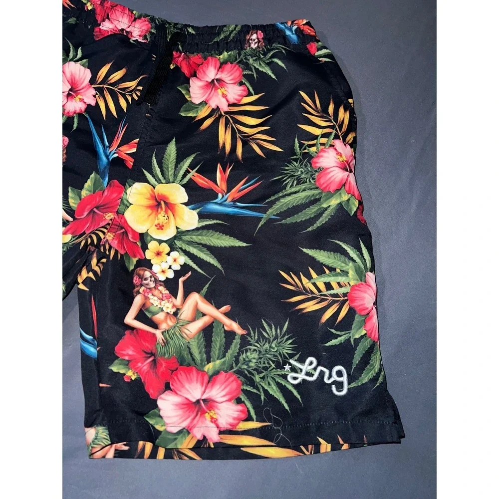 LRG Lifted Research Group Mens Black Tropical Skeleton Hula Girl Board Shorts M